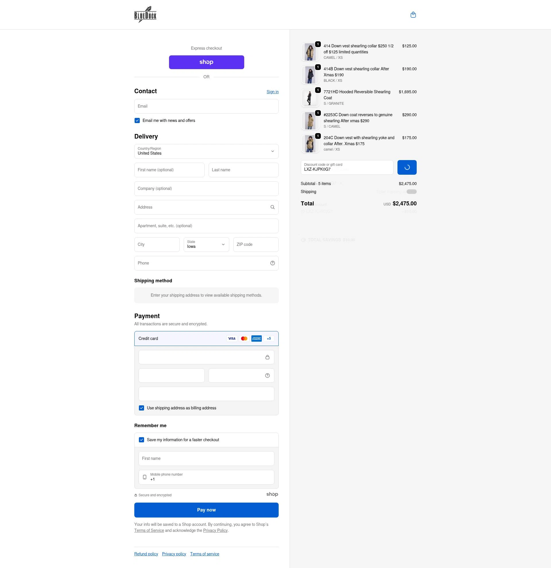 Blue Duck Shearling checkout page showing Blue Duck Shearling coupon code box | Screenshot taken by SimplyCodes community member on Dec 28, 2025