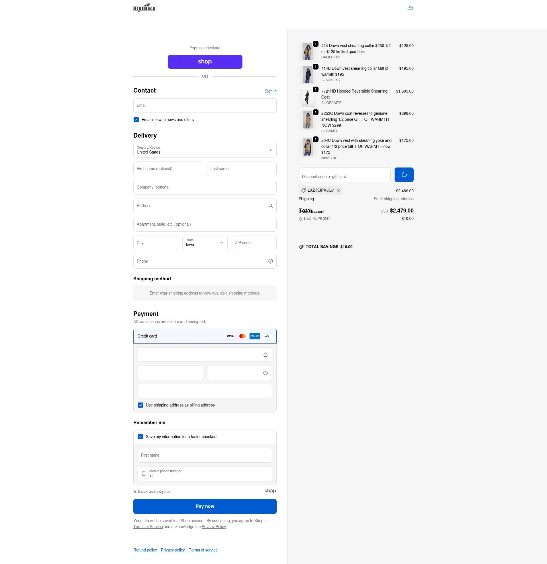 Blue Duck Shearling checkout page showing Blue Duck Shearling coupon code box | Screenshot taken by SimplyCodes community member on Dec 23, 2025