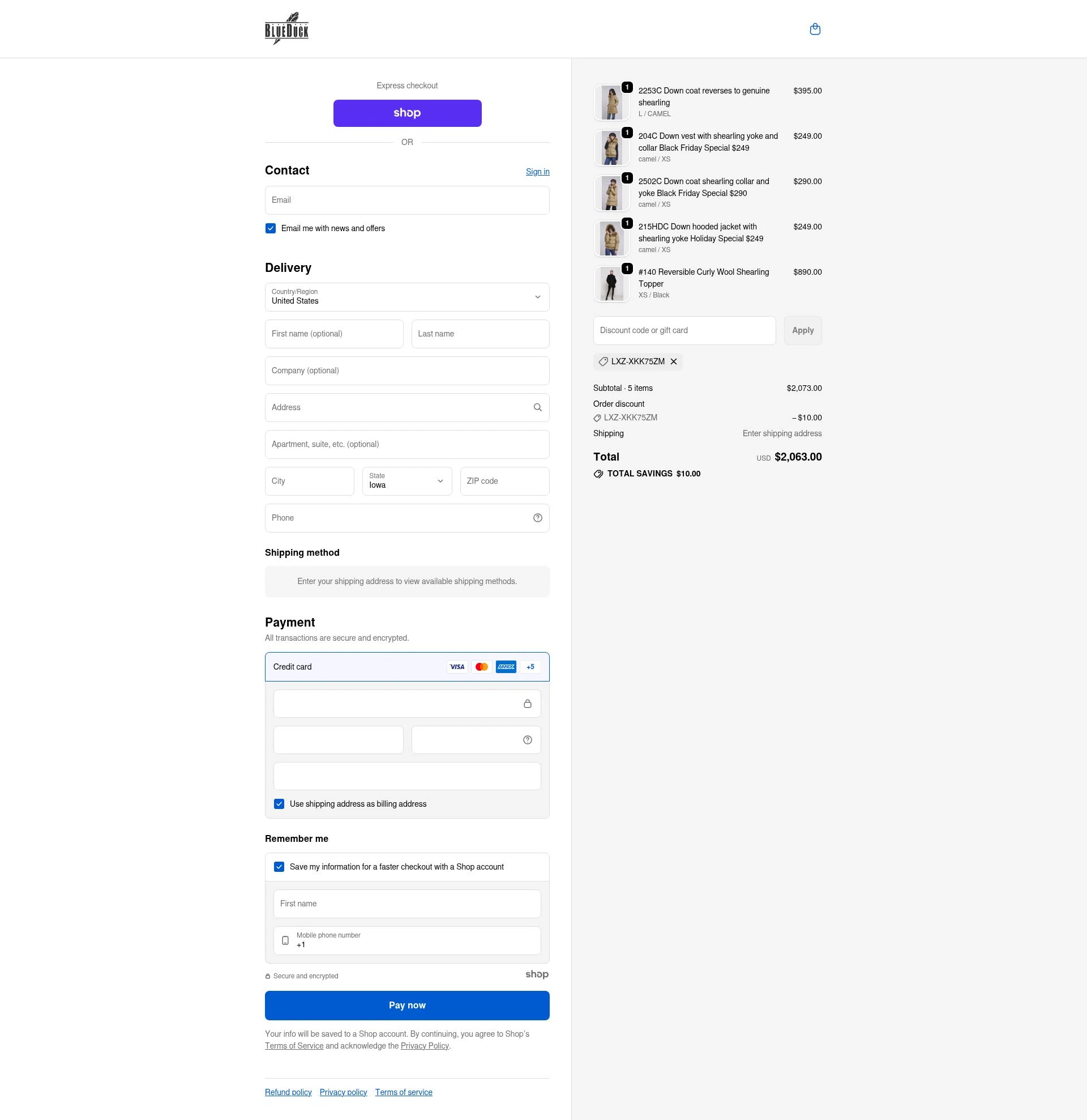 Blue Duck Shearling checkout page showing Blue Duck Shearling coupon code box | Screenshot taken by SimplyCodes community member on Dec 5, 2025
