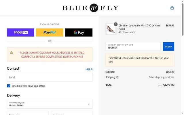 Bluefly checkout page showing Bluefly discount code box | Screenshot taken by SimplyCodes community member on Aug 26, 2025