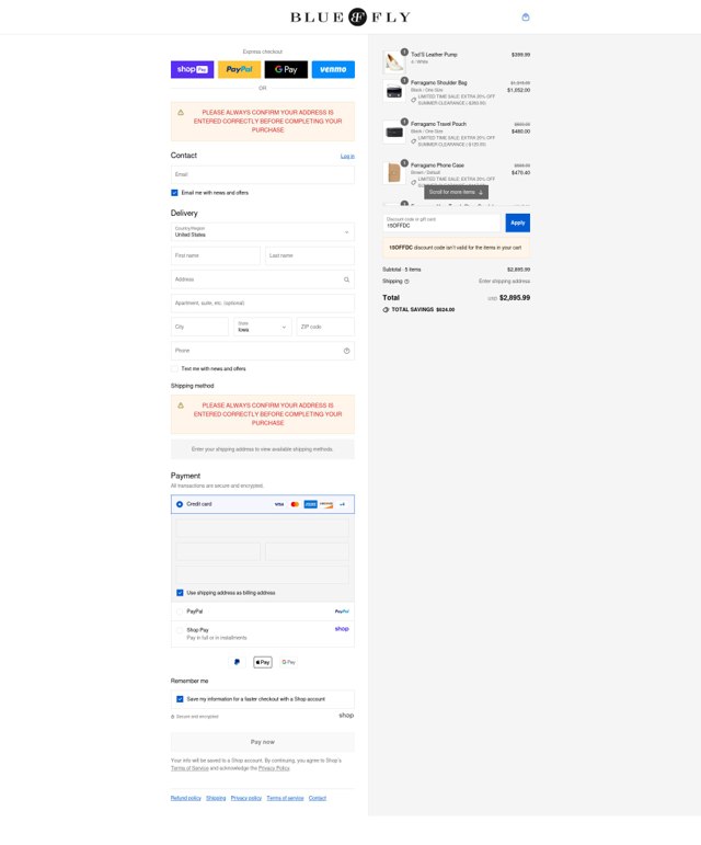 Bluefly checkout page showing Bluefly discount code box | Screenshot taken by SimplyCodes community member on Aug 17, 2025