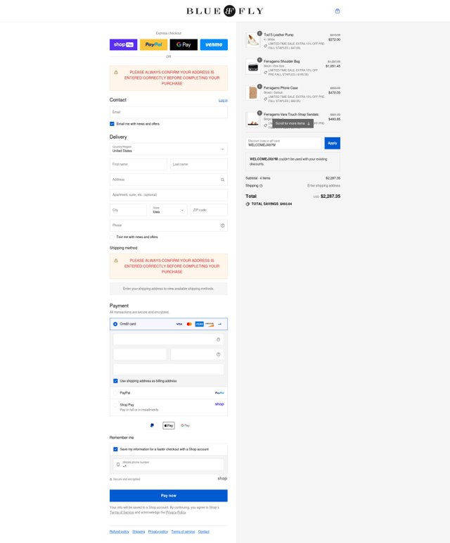 Bluefly checkout page showing Bluefly discount code box | Screenshot taken by SimplyCodes community member on Aug 23, 2025