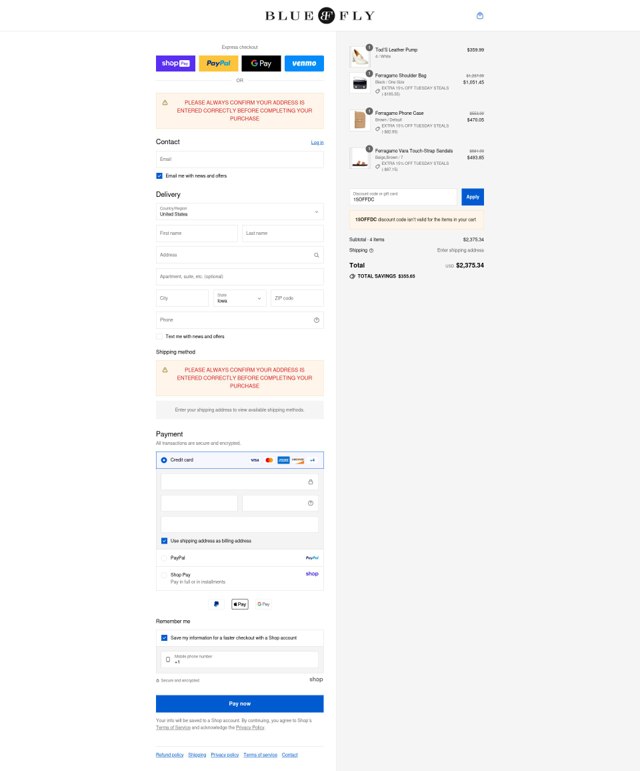 Bluefly checkout page showing Bluefly discount code box | Screenshot taken by SimplyCodes community member on Aug 26, 2025