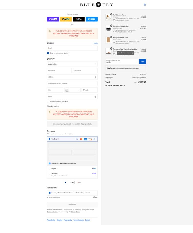 Bluefly checkout page showing Bluefly discount code box | Screenshot taken by SimplyCodes community member on Aug 23, 2025