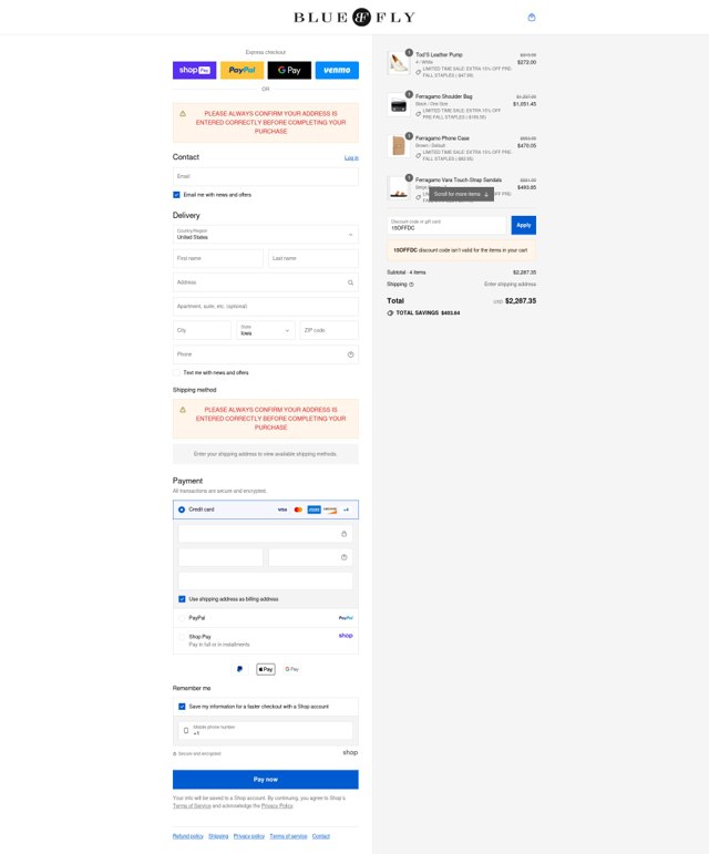 Bluefly checkout page showing Bluefly discount code box | Screenshot taken by SimplyCodes community member on Aug 23, 2025