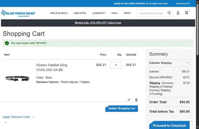 Blue Force Gear checkout page showing Blue Force Gear discount code box | Screenshot taken by SimplyCodes community member on Aug 25, 2025