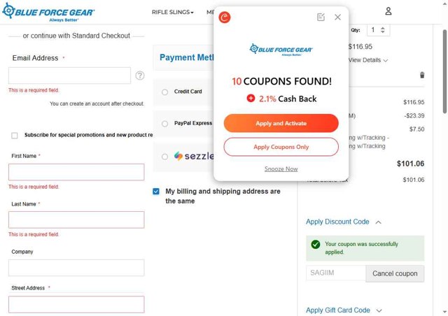 Blue Force Gear checkout page showing Blue Force Gear discount code box | Screenshot taken by SimplyCodes community member on May 27, 2025