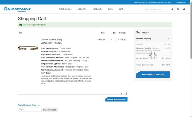Blue Force Gear checkout page showing Blue Force Gear discount code box | Screenshot taken by SimplyCodes community member on Jul 10, 2025