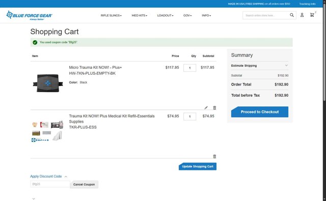 Blue Force Gear checkout page showing Blue Force Gear discount code box | Screenshot taken by SimplyCodes community member on Jun 11, 2025
