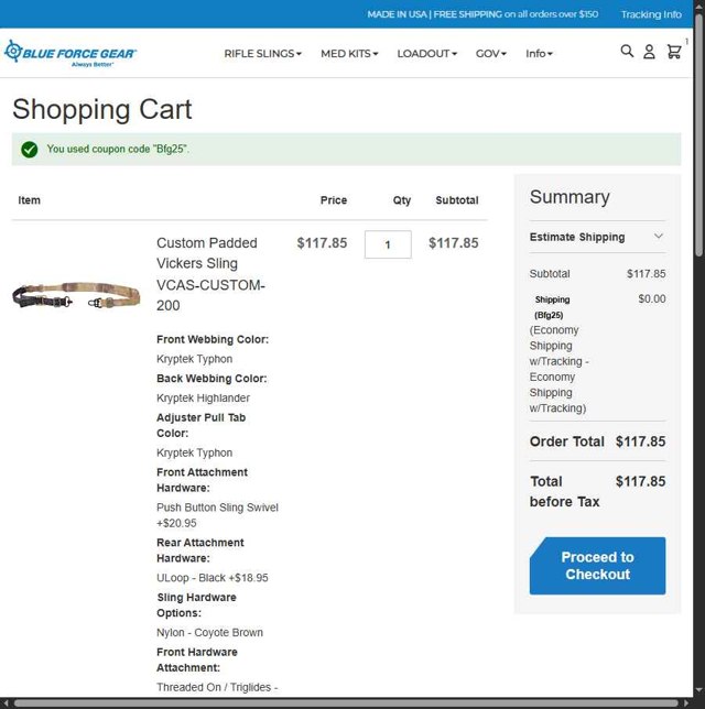 Blue Force Gear checkout page showing Blue Force Gear discount code box | Screenshot taken by SimplyCodes community member on May 24, 2025