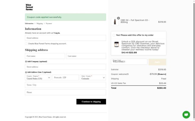 Blue Forest Farms checkout page showing Blue Forest Farms discount code box | Screenshot taken by SimplyCodes community member on Jul 14, 2025
