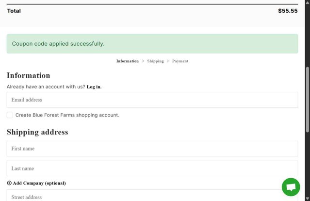 Blue Forest Farms checkout page showing Blue Forest Farms discount code box | Screenshot taken by SimplyCodes community member on Aug 14, 2025