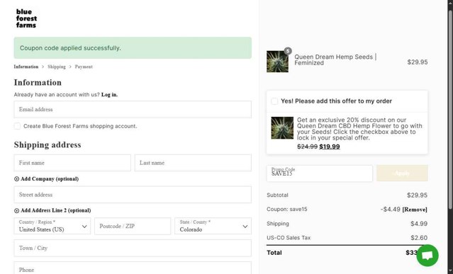Blue Forest Farms checkout page showing Blue Forest Farms discount code box | Screenshot taken by SimplyCodes community member on Jun 21, 2025