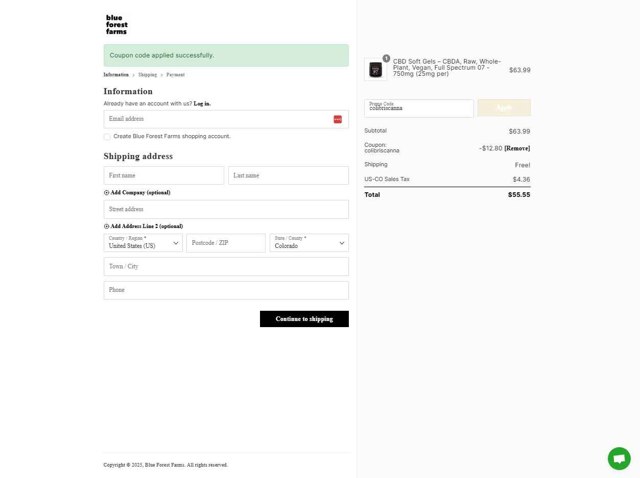 Blue Forest Farms checkout page showing Blue Forest Farms discount code box | Screenshot taken by SimplyCodes community member on Aug 14, 2025