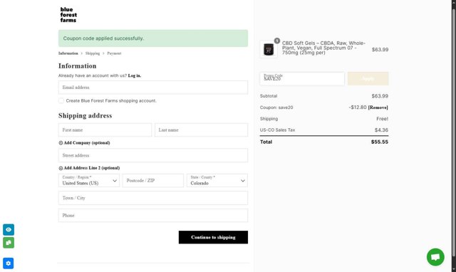 Blue Forest Farms checkout page showing Blue Forest Farms discount code box | Screenshot taken by SimplyCodes community member on Jun 21, 2025