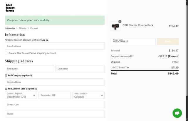 Blue Forest Farms checkout page showing Blue Forest Farms discount code box | Screenshot taken by SimplyCodes community member on Jul 21, 2025