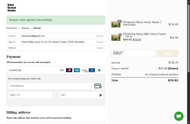 Blue Forest Farms checkout page showing Blue Forest Farms discount code box | Screenshot taken by SimplyCodes community member on Jun 21, 2025