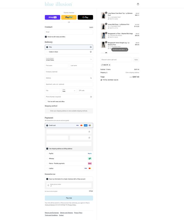 Blue Illusion checkout page showing Blue Illusion discount code box | Screenshot taken by SimplyCodes community member on Aug 16, 2025
