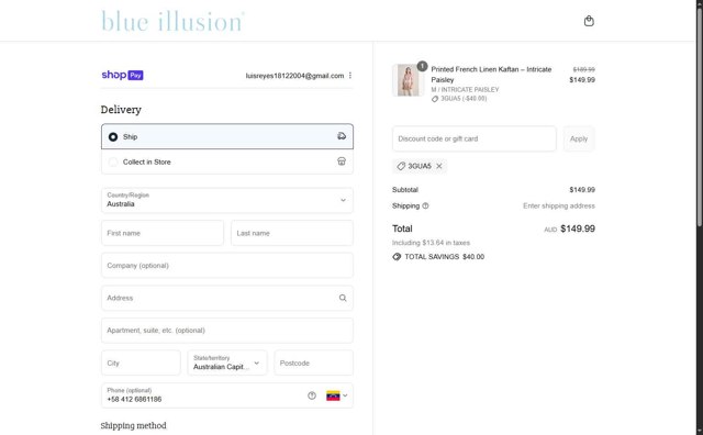 Blue Illusion checkout page showing Blue Illusion discount code box | Screenshot taken by SimplyCodes community member on Aug 25, 2025
