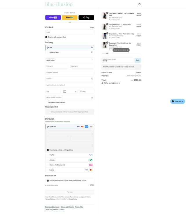 Blue Illusion checkout page showing Blue Illusion discount code box | Screenshot taken by SimplyCodes community member on Aug 22, 2025