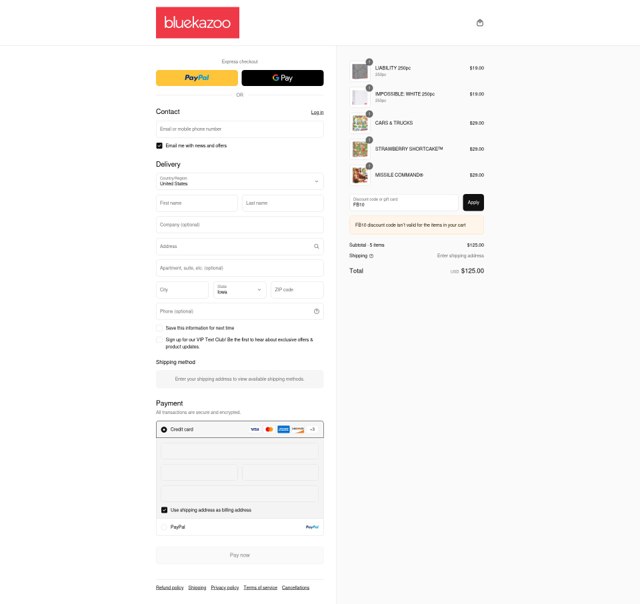 Blue Kazoo checkout page showing Blue Kazoo promo code box | Screenshot taken by SimplyCodes community member on Sep 4, 2025
