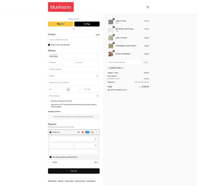 Blue Kazoo checkout page showing Blue Kazoo promo code box | Screenshot taken by SimplyCodes community member on Sep 4, 2025