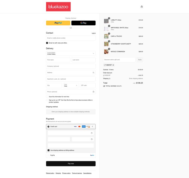 Blue Kazoo checkout page showing Blue Kazoo promo code box | Screenshot taken by SimplyCodes community member on Sep 4, 2025