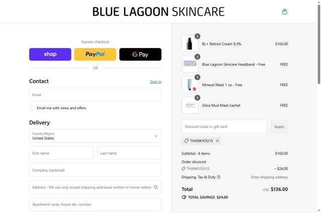 Blue Lagoon Skincare checkout page showing Blue Lagoon Skincare discount code box | Screenshot taken by SimplyCodes community member on Sep 12, 2025