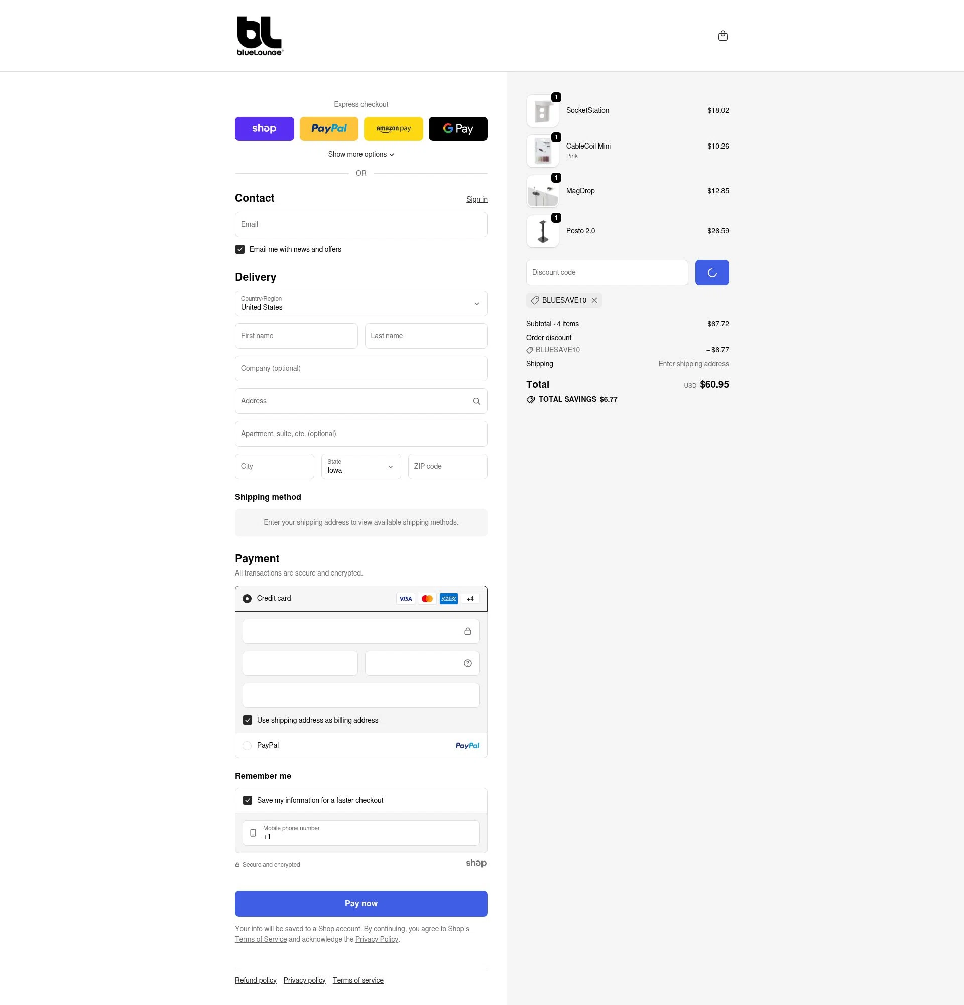 BlueLounge checkout page showing BlueLounge discount code box | Screenshot taken by SimplyCodes community member on Jan 29, 2026