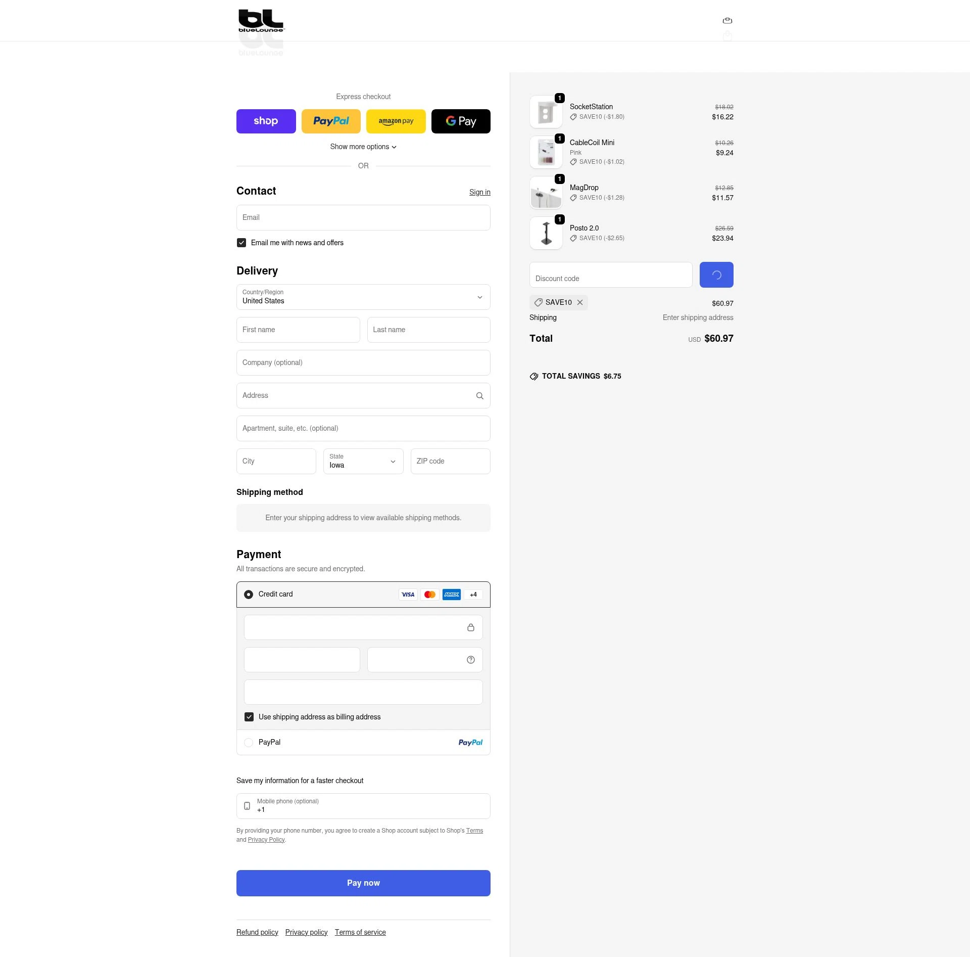 BlueLounge checkout page showing BlueLounge discount code box | Screenshot taken by SimplyCodes community member on Feb 2, 2026
