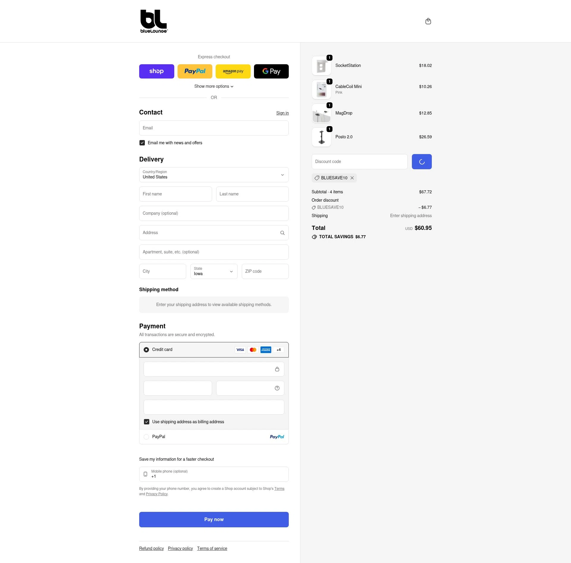 BlueLounge checkout page showing BlueLounge discount code box | Screenshot taken by SimplyCodes community member on Feb 11, 2026