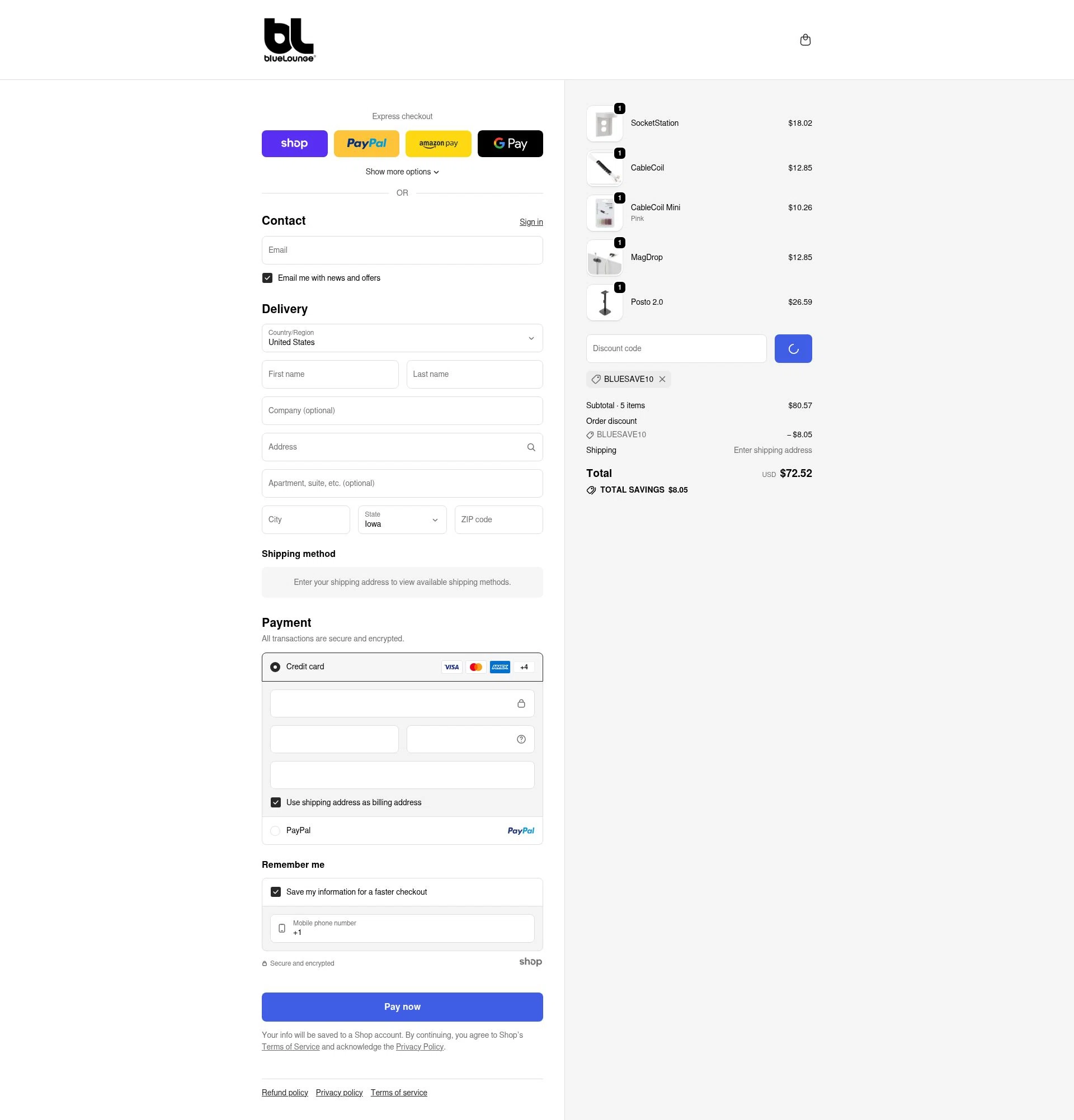 BlueLounge checkout page showing BlueLounge discount code box | Screenshot taken by SimplyCodes community member on Jan 24, 2026