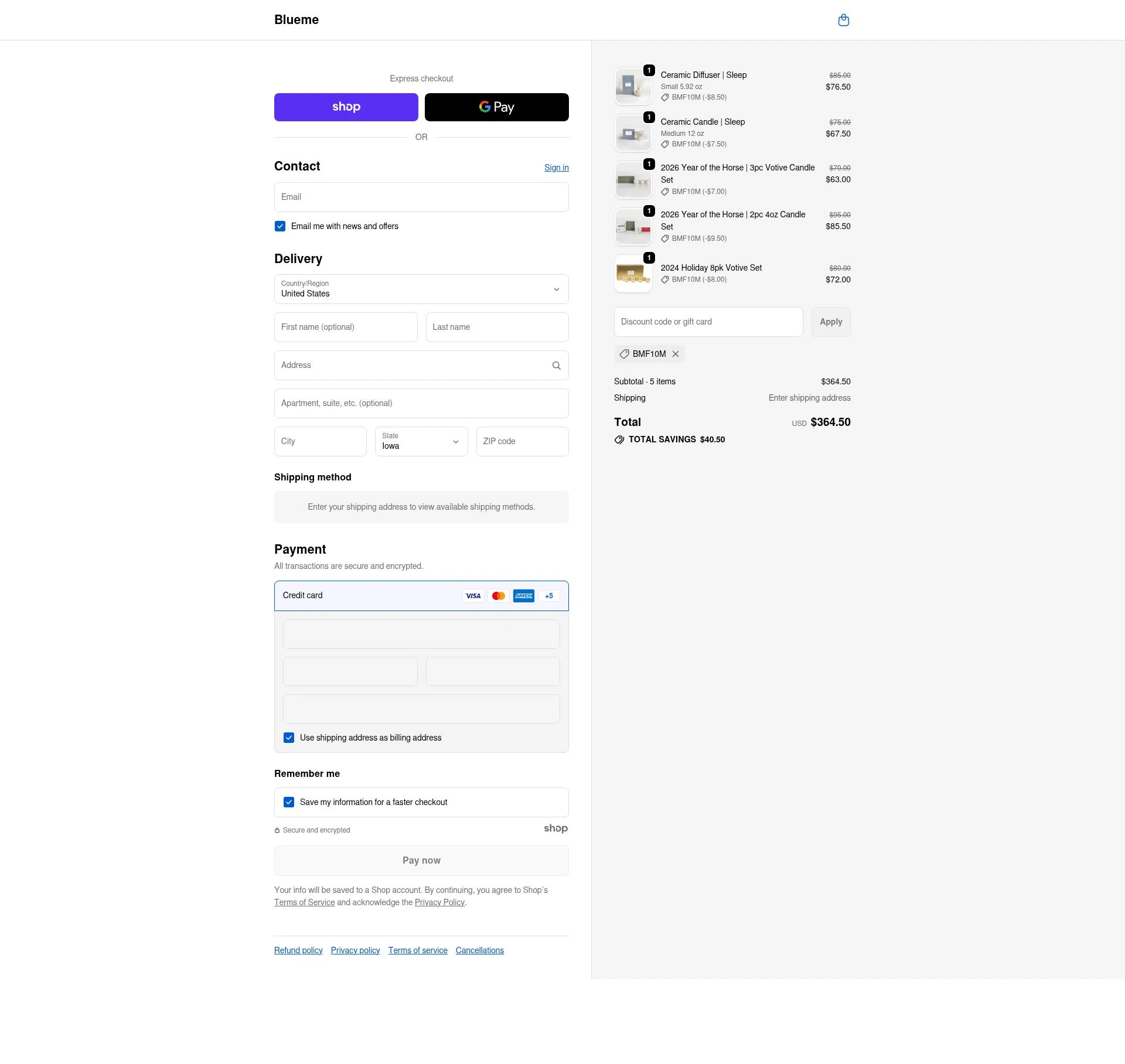 Blueme checkout page showing Blueme promo code box | Screenshot taken by SimplyCodes community member on Dec 29, 2025