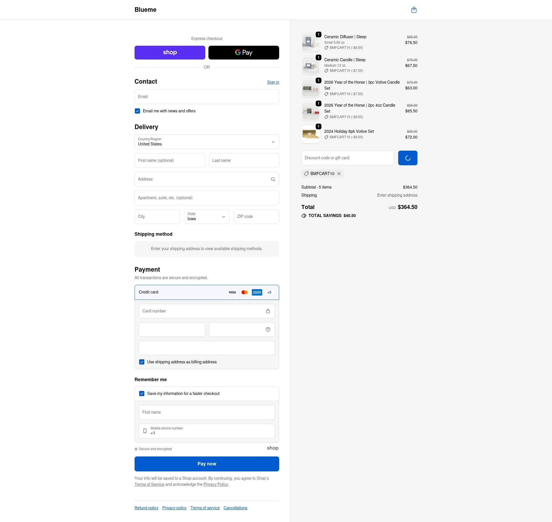 Blueme checkout page showing Blueme promo code box | Screenshot taken by SimplyCodes community member on Jan 3, 2026