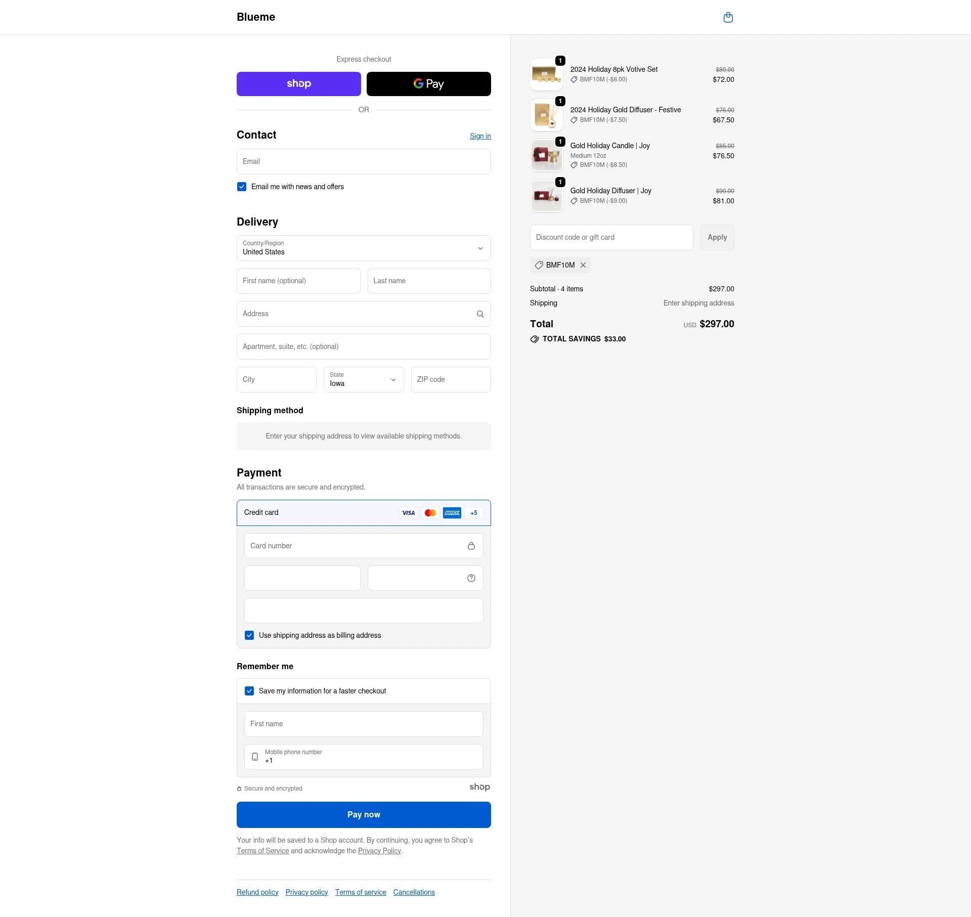 Blueme checkout page showing Blueme promo code box | Screenshot taken by SimplyCodes community member on Dec 11, 2025