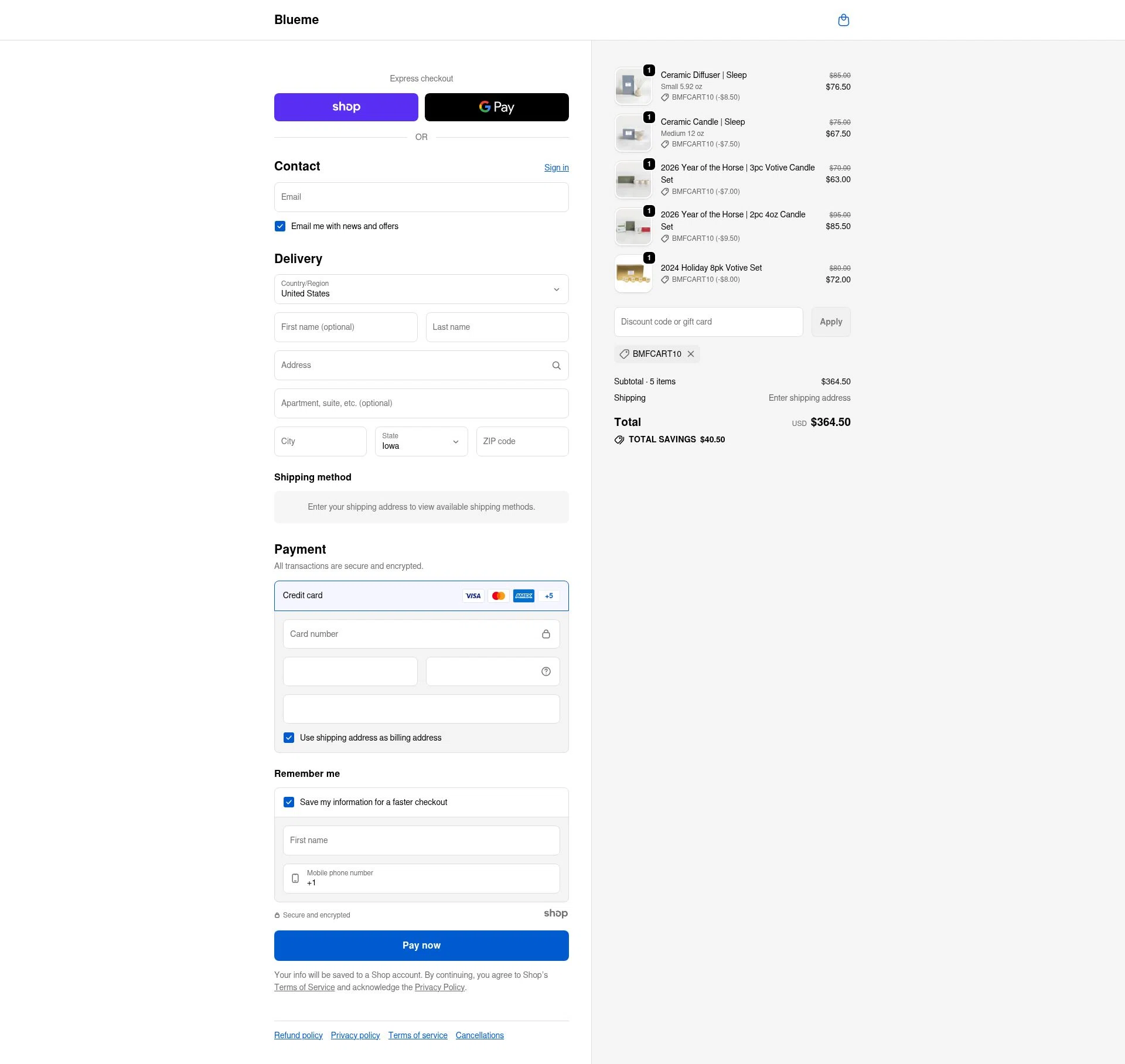 Blueme checkout page showing Blueme promo code box | Screenshot taken by SimplyCodes community member on Dec 24, 2025