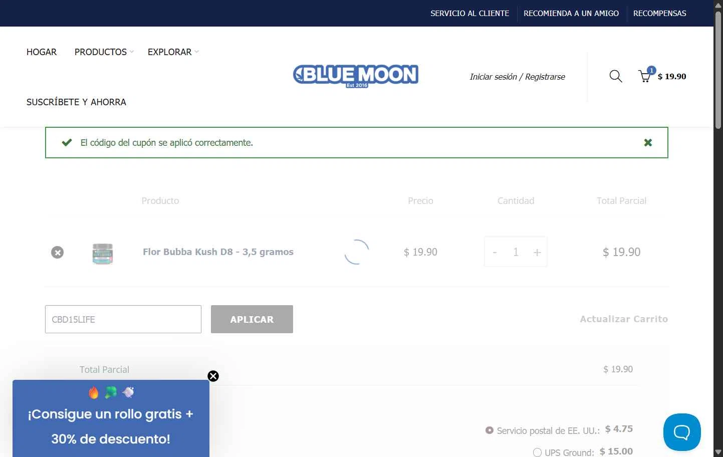 Blue Moon Hemp checkout page showing Blue Moon Hemp coupon code box | Screenshot taken by SimplyCodes community member on Nov 14, 2025