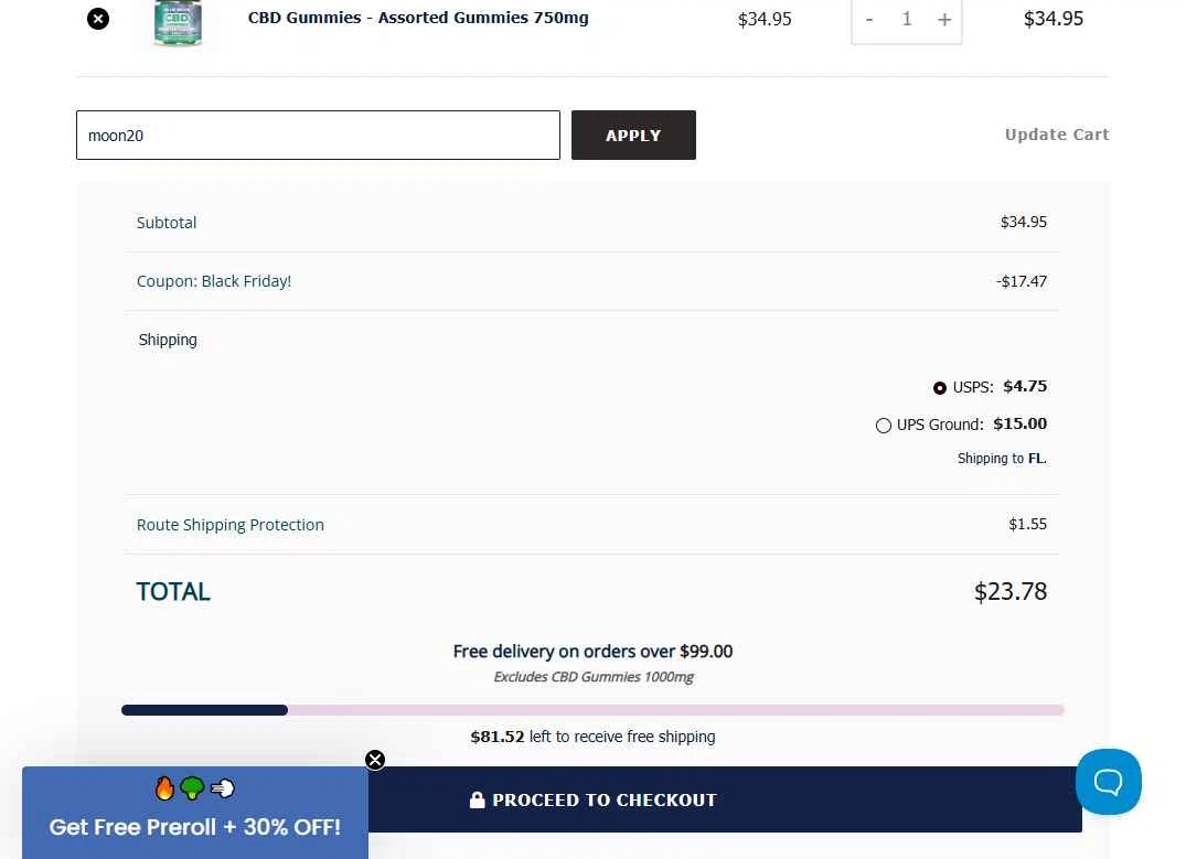 Blue Moon Hemp checkout page showing Blue Moon Hemp coupon code box | Screenshot taken by SimplyCodes community member on Nov 26, 2025