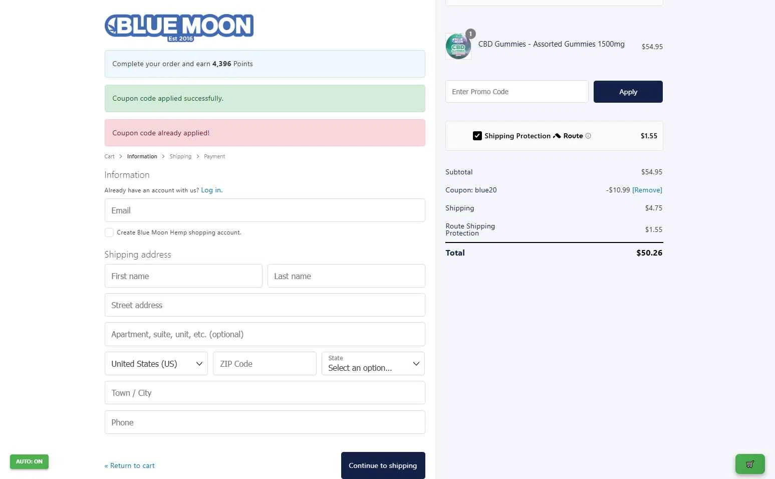 Blue Moon Hemp checkout page showing Blue Moon Hemp coupon code box | Screenshot taken by SimplyCodes community member on Nov 15, 2025