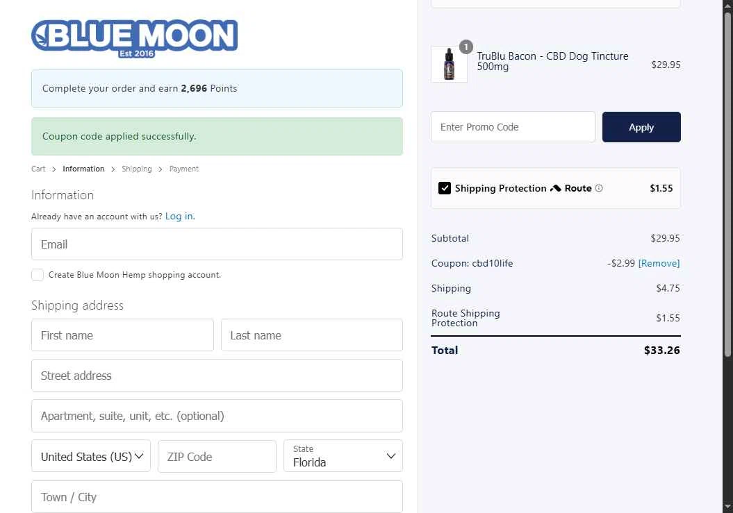 Blue Moon Hemp checkout page showing Blue Moon Hemp coupon code box | Screenshot taken by SimplyCodes community member on Nov 15, 2025