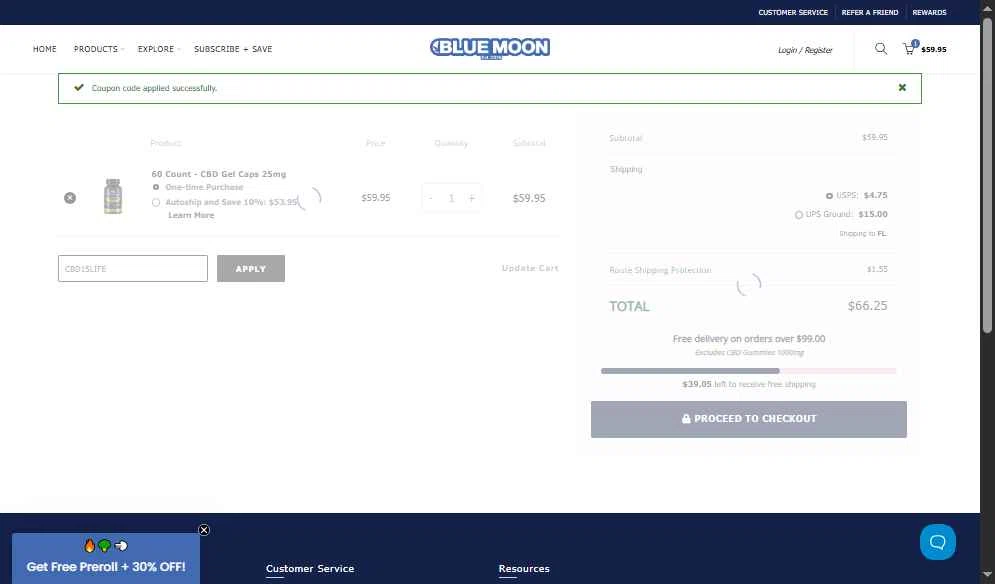 Blue Moon Hemp checkout page showing Blue Moon Hemp coupon code box | Screenshot taken by SimplyCodes community member on Nov 14, 2025