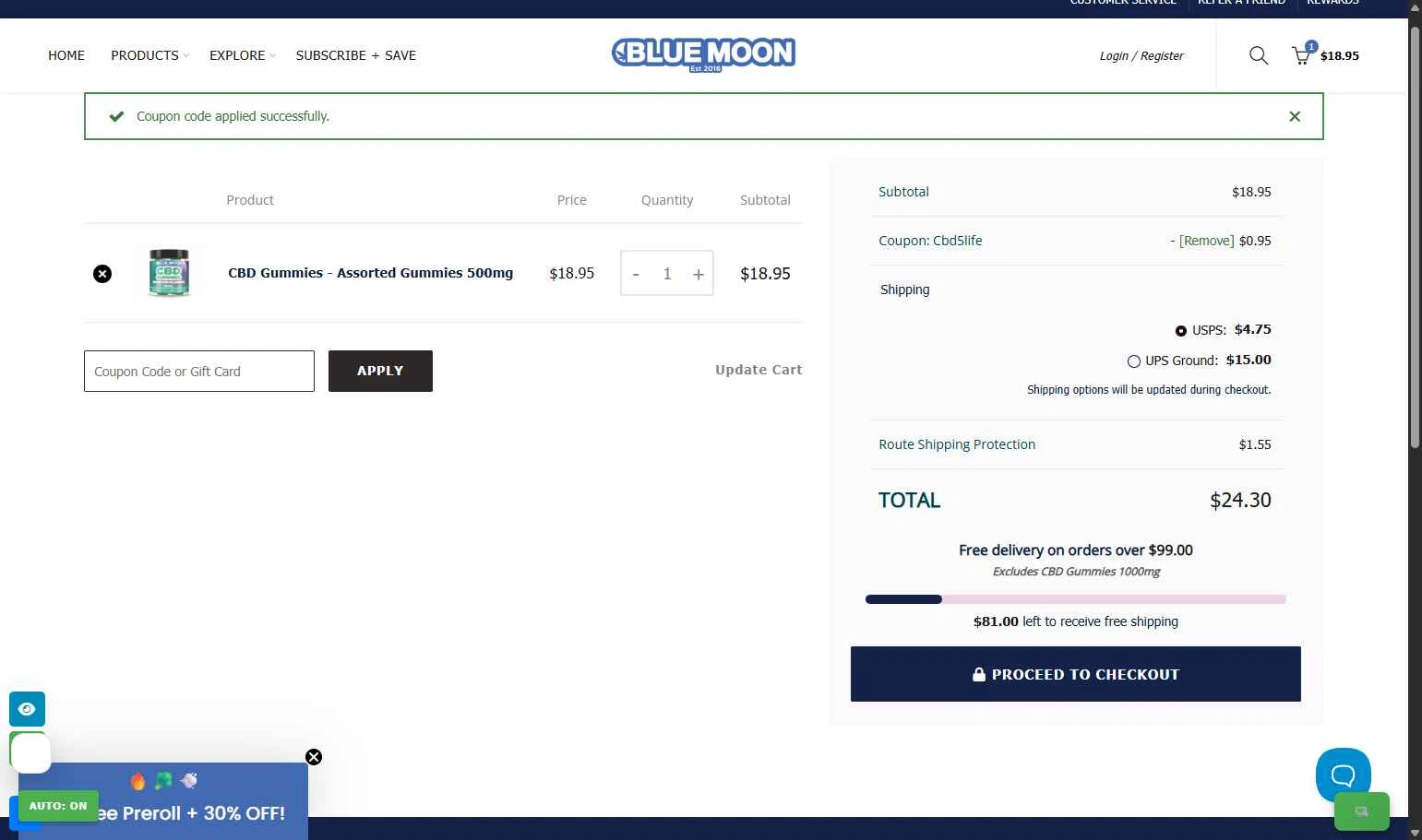 Blue Moon Hemp checkout page showing Blue Moon Hemp coupon code box | Screenshot taken by SimplyCodes community member on Feb 1, 2026
