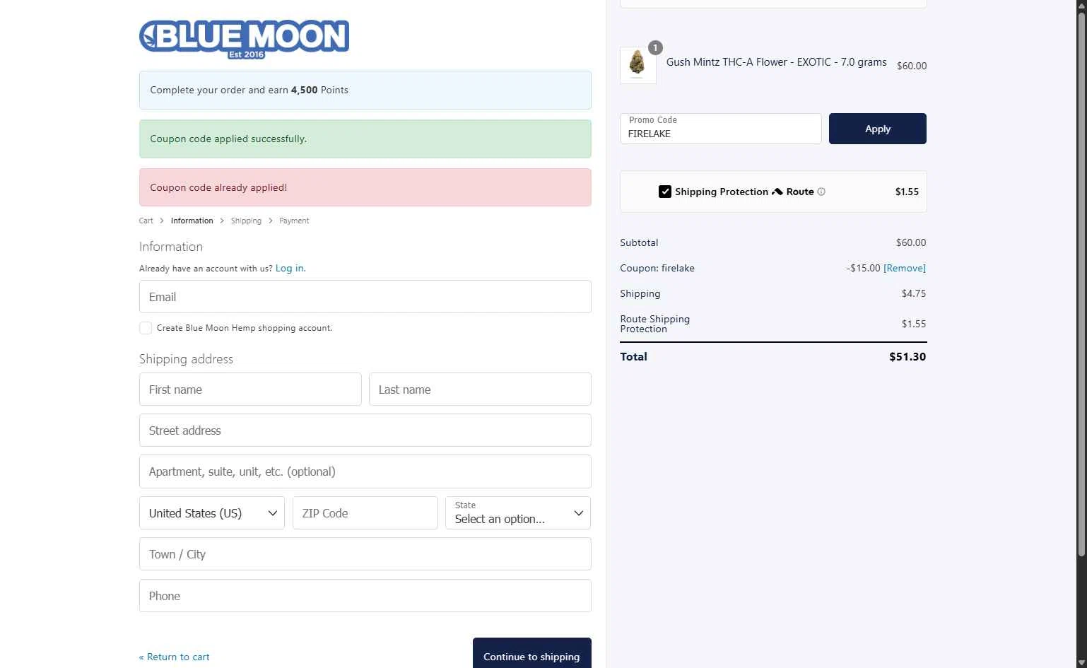 Blue Moon Hemp checkout page showing Blue Moon Hemp coupon code box | Screenshot taken by SimplyCodes community member on Oct 16, 2025