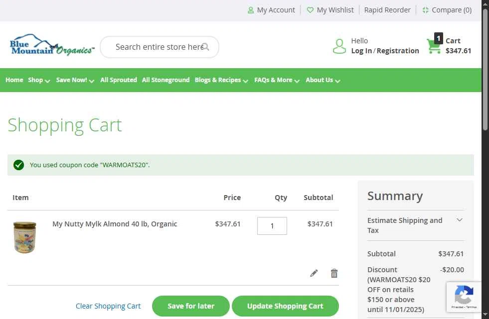 Blue Mountain Organics checkout page showing Blue Mountain Organics discount code box | Screenshot taken by SimplyCodes community member on Oct 22, 2025