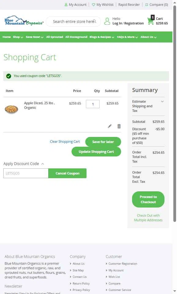 Blue Mountain Organics checkout page showing Blue Mountain Organics discount code box | Screenshot taken by SimplyCodes community member on Nov 13, 2025