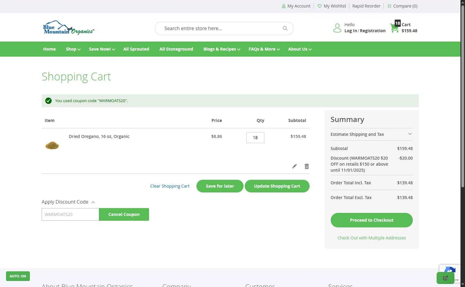 Blue Mountain Organics checkout page showing Blue Mountain Organics discount code box | Screenshot taken by SimplyCodes community member on Oct 22, 2025