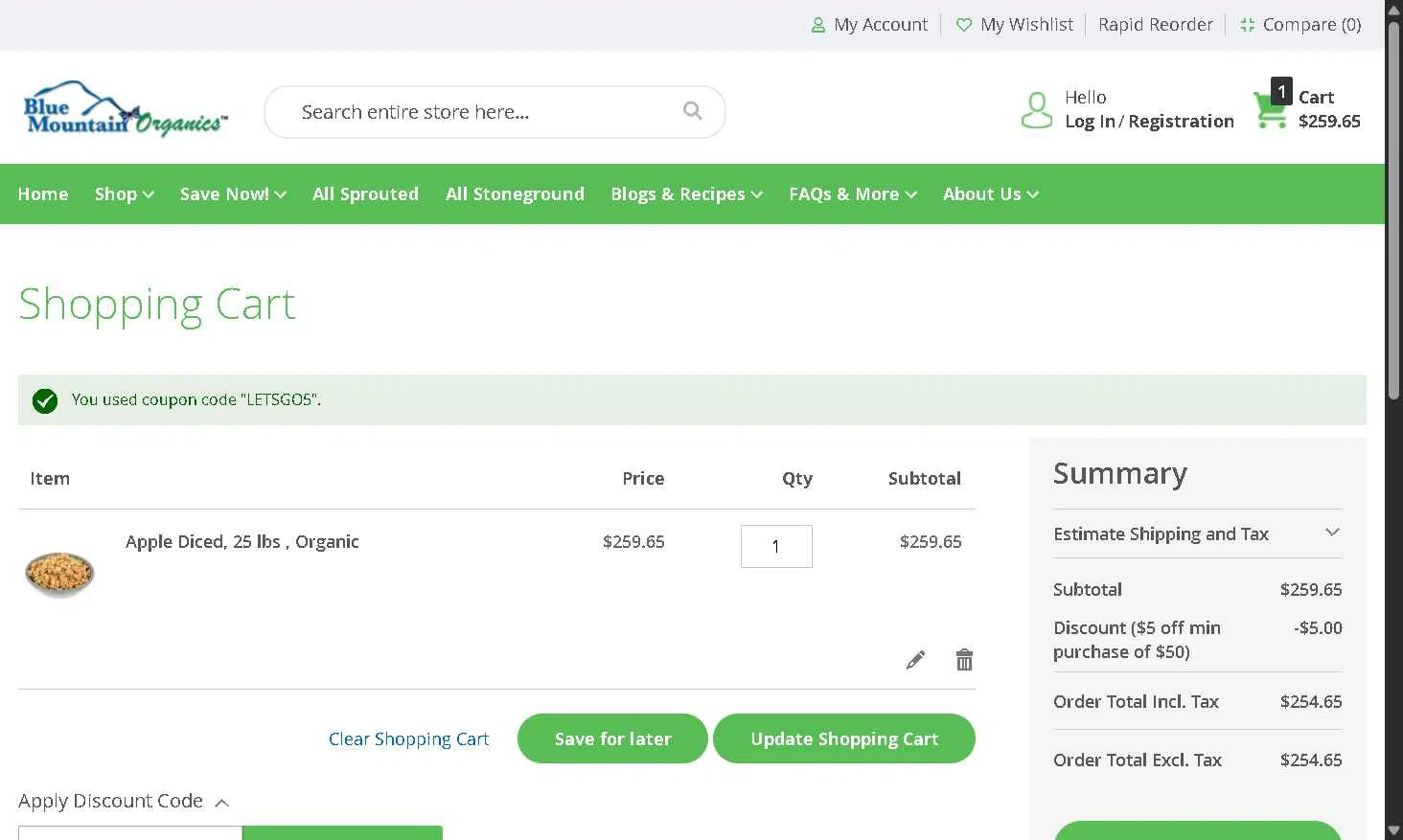 Blue Mountain Organics checkout page showing Blue Mountain Organics discount code box | Screenshot taken by SimplyCodes community member on Oct 15, 2025