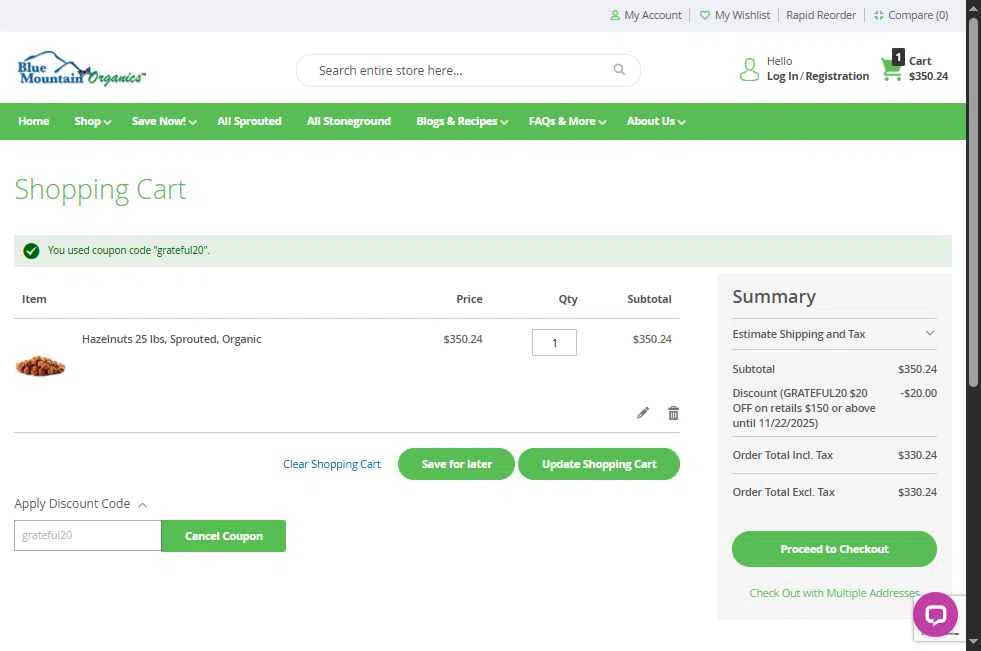 Blue Mountain Organics checkout page showing Blue Mountain Organics discount code box | Screenshot taken by SimplyCodes community member on Nov 5, 2025