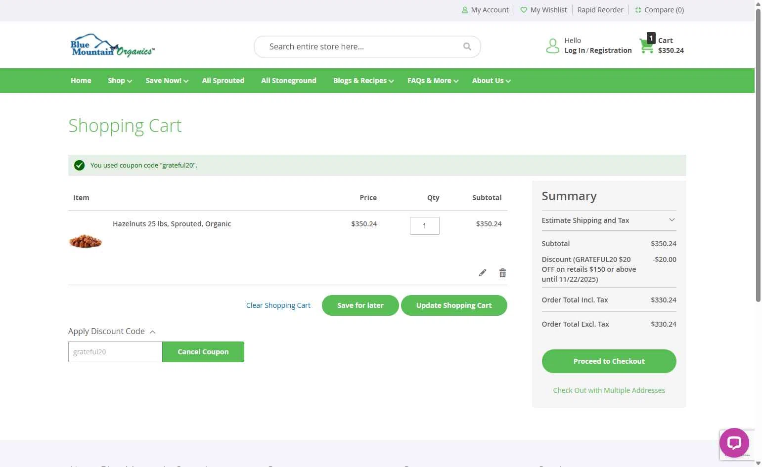 Blue Mountain Organics checkout page showing Blue Mountain Organics discount code box | Screenshot taken by SimplyCodes community member on Nov 5, 2025