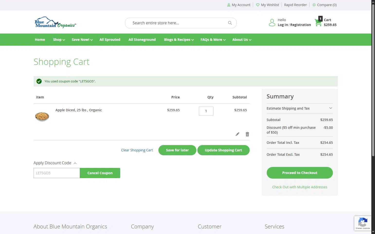 Blue Mountain Organics checkout page showing Blue Mountain Organics discount code box | Screenshot taken by SimplyCodes community member on Nov 13, 2025